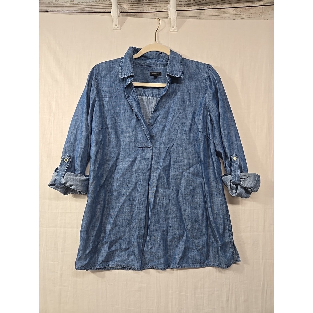 Talbots Shirt Womens S Tencel Chambray Tunic Blue‎ Collared Pullover Roll Tab